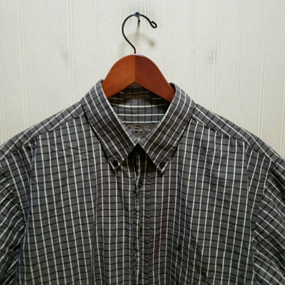 Fernando Pena Shirt Mens Large Gray Plaid 100% Cotton Short Sleeve Button-Down